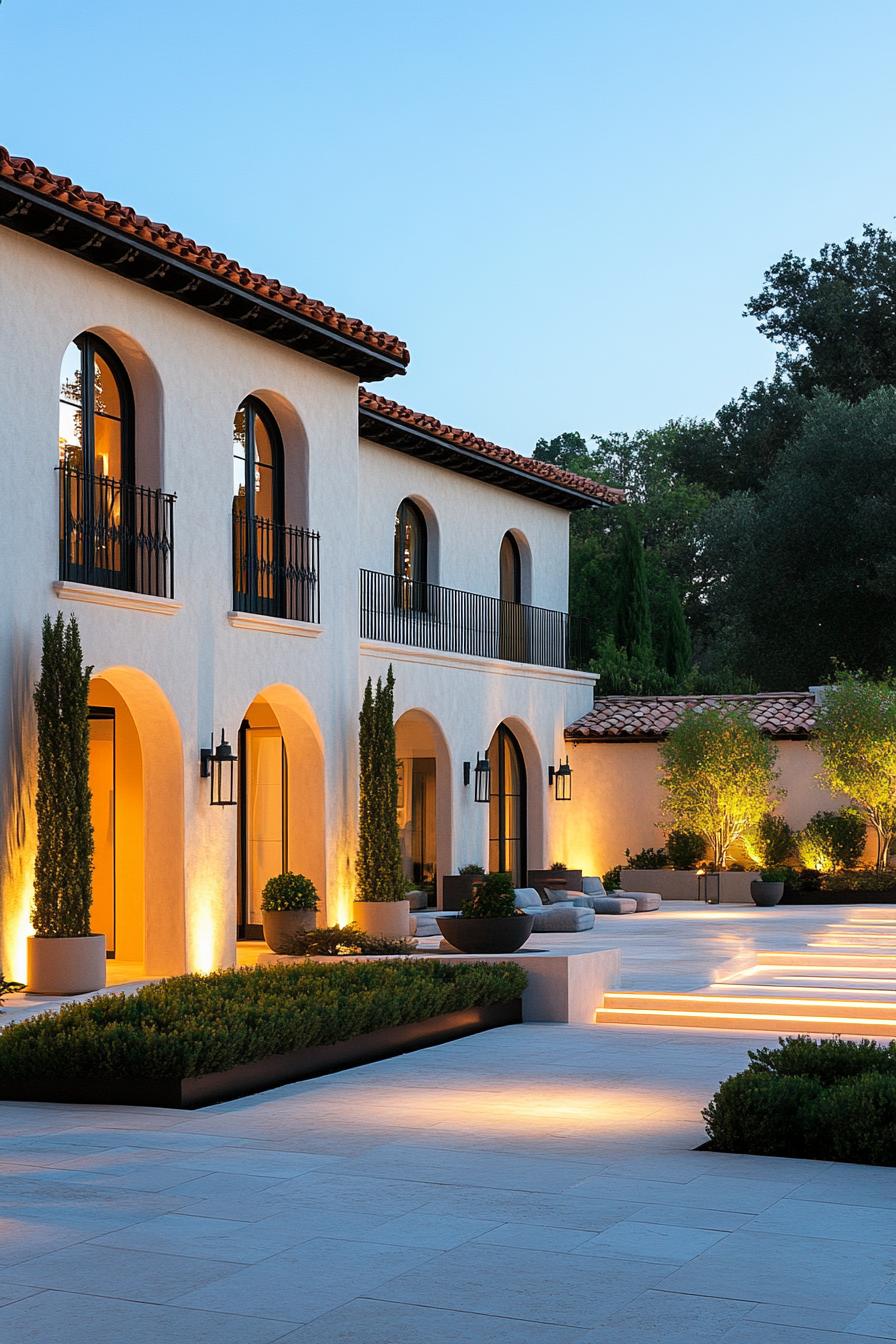 spanish style house courtyard polished limestone facade large tile arches shrubs outdoor lamp fixtures modern windows path LED lighting 3