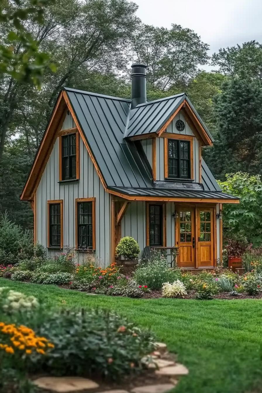 Cozy wooden cabin with a dark metal roof, nestled among vibrant flowers and lush greenery