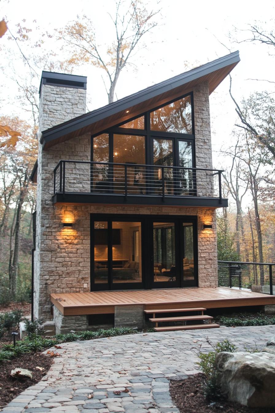 tiny modern luxury 2 story house with sloped roof balcony with metal railings stone siding large modern windows in black trim small wooden deck