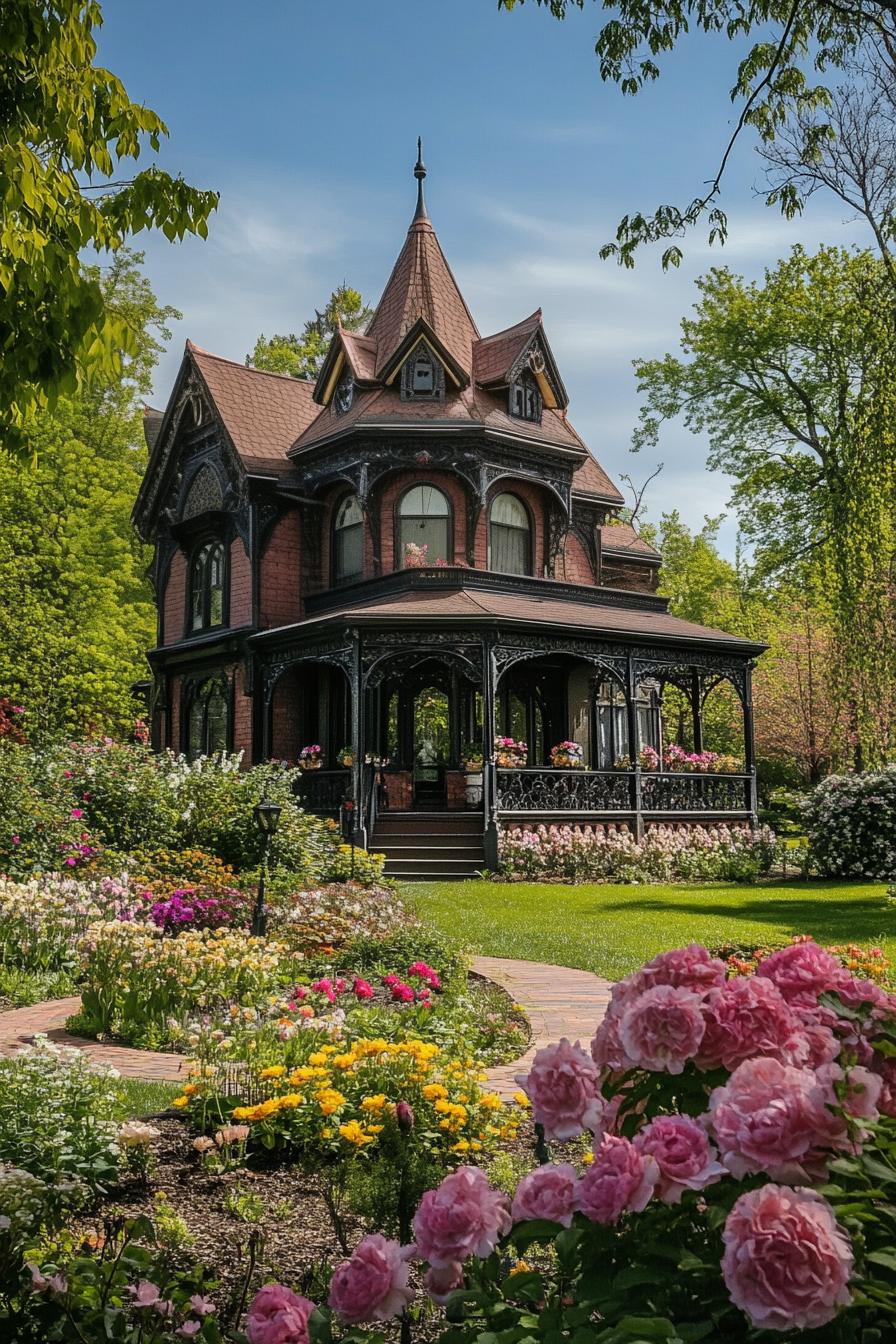 Victorian mansion backyard with flower garden and ornate gazebo v 6.1