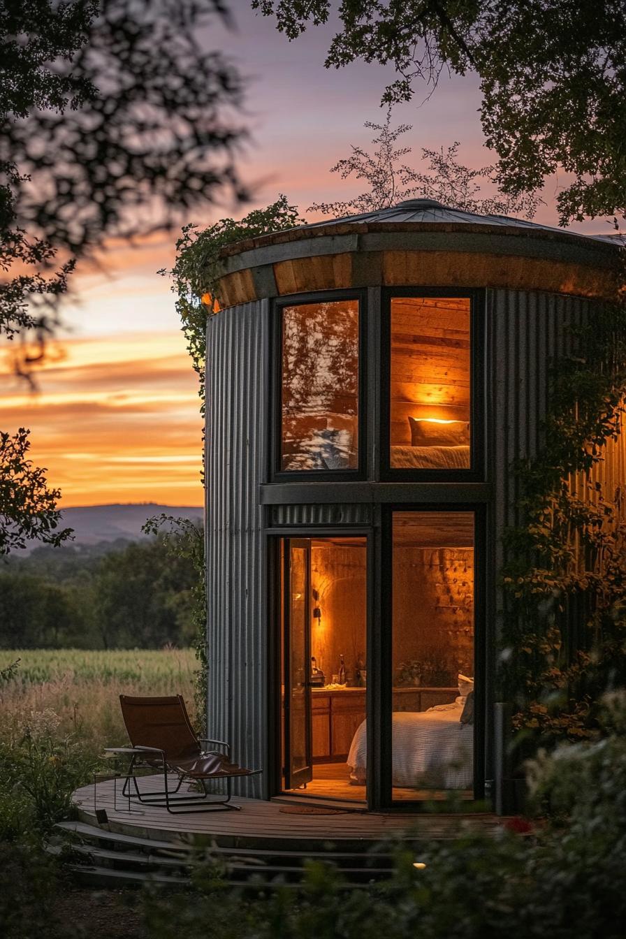 a cabin made of grain silo it has big modern windows and entrance a small patio outdoor chairs