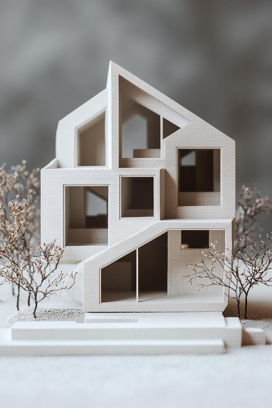 architecture model of a geometric 3D printed house with geometric windows of multiple shapes model yard with landscaping grey background 1