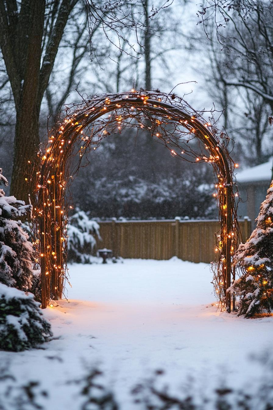 backyard garden in winter with arbor arch made of thin branches decorated with fairy lights and small christmas orbs snow on the ground v 6.1