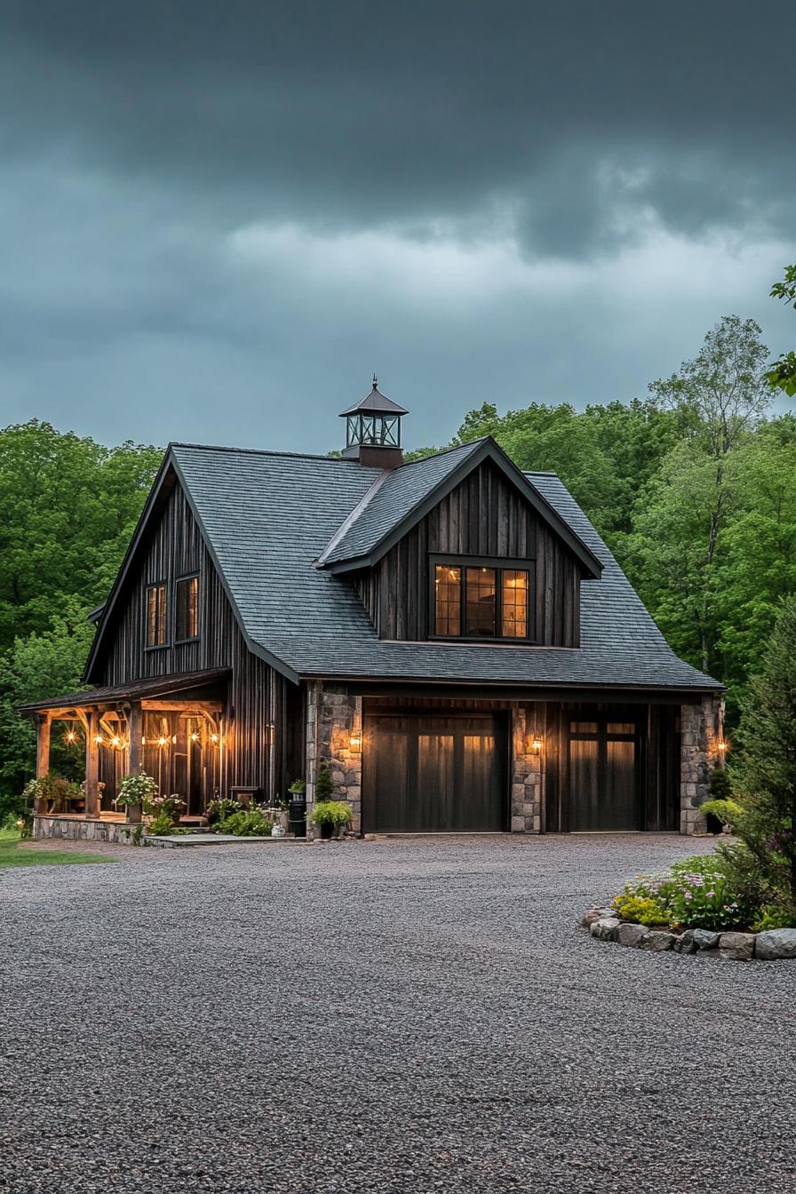 countryside barn style house with dark wood siding grey stone roof tile roof with gables front porch with post beams theres a large carport and 1