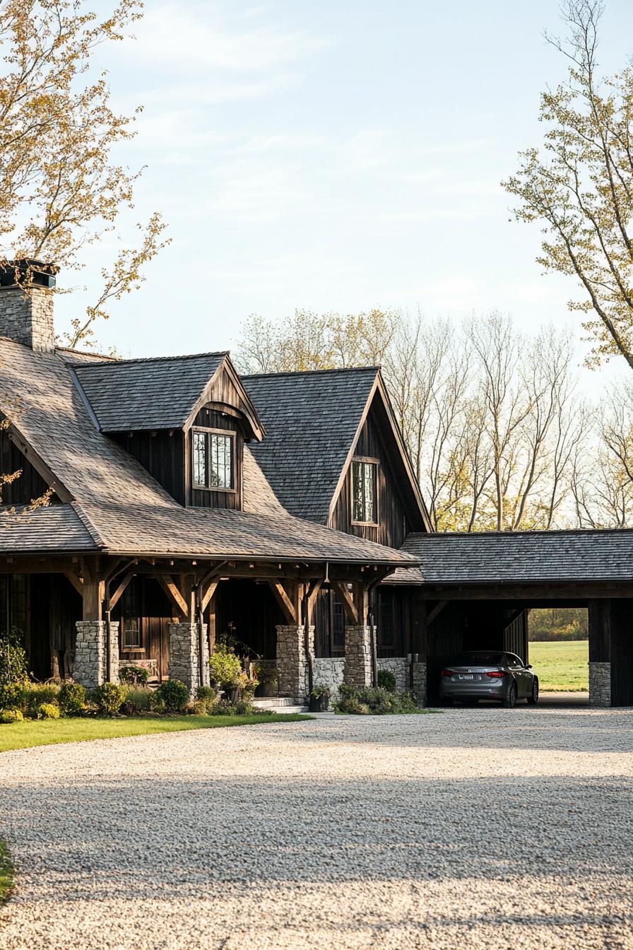 countryside barn style house with dark wood siding grey stone roof tile roof with gables front porch with post beams theres a large carport and 2