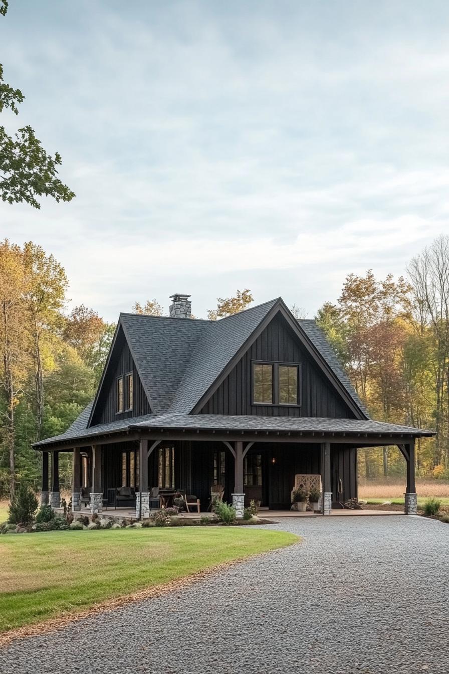 countryside barn style house with dark wood siding grey stone roof tile roof with gables front porch with post beams theres a large carport and 3