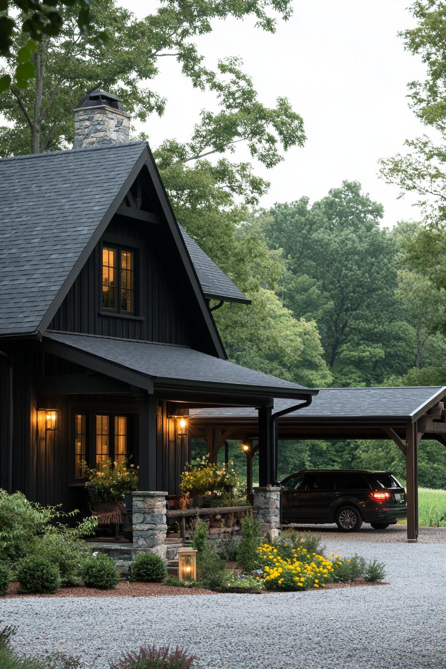 countryside barn style house with dark wood siding grey stone roof tile roof with gables front porch with post beams theres a large carport and