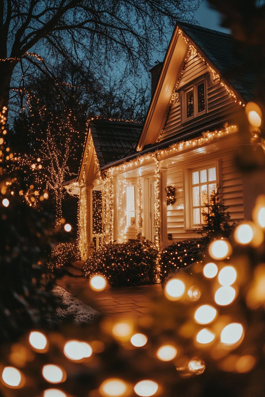 front of a cottage house with white horizontal slat siding bay windows multi pitched roof lined with fairy lights wreath on porch wall v 6.1