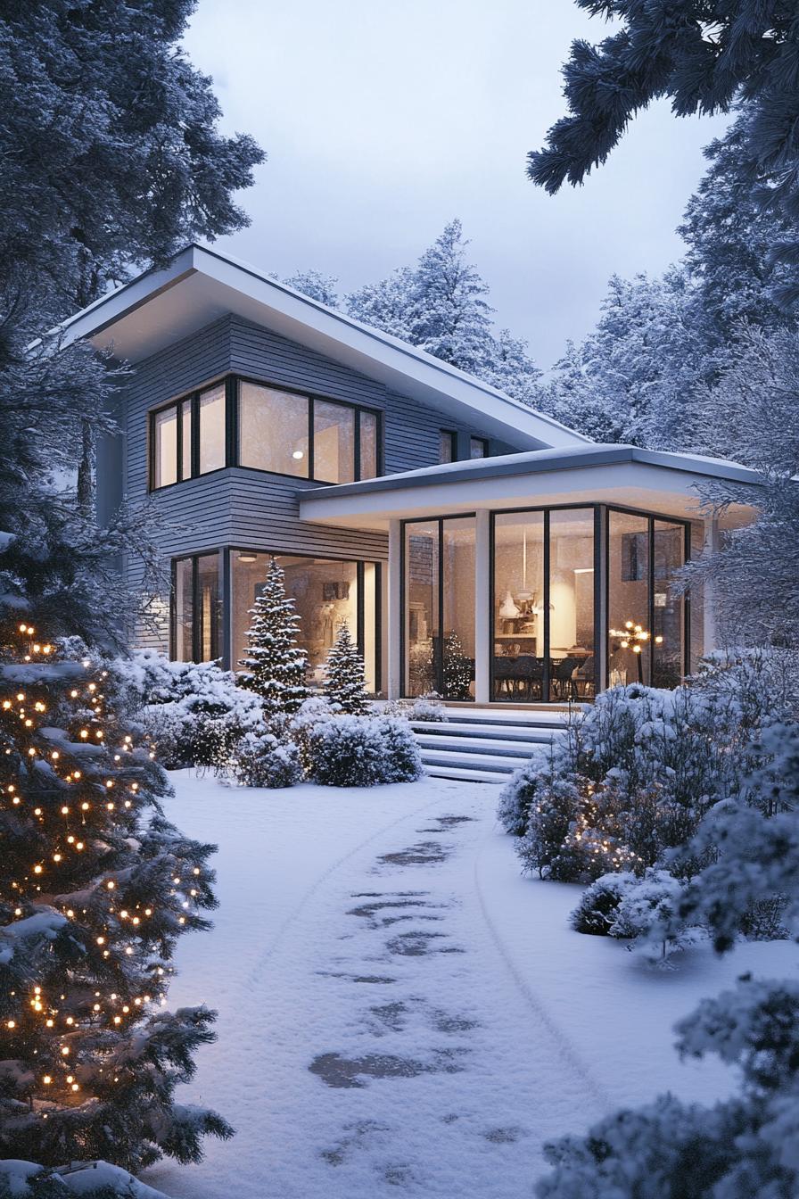 front view of a modern cottage house with grey horizontal slatted siding large white windows multi pitched roof with snow porch with white columns 1