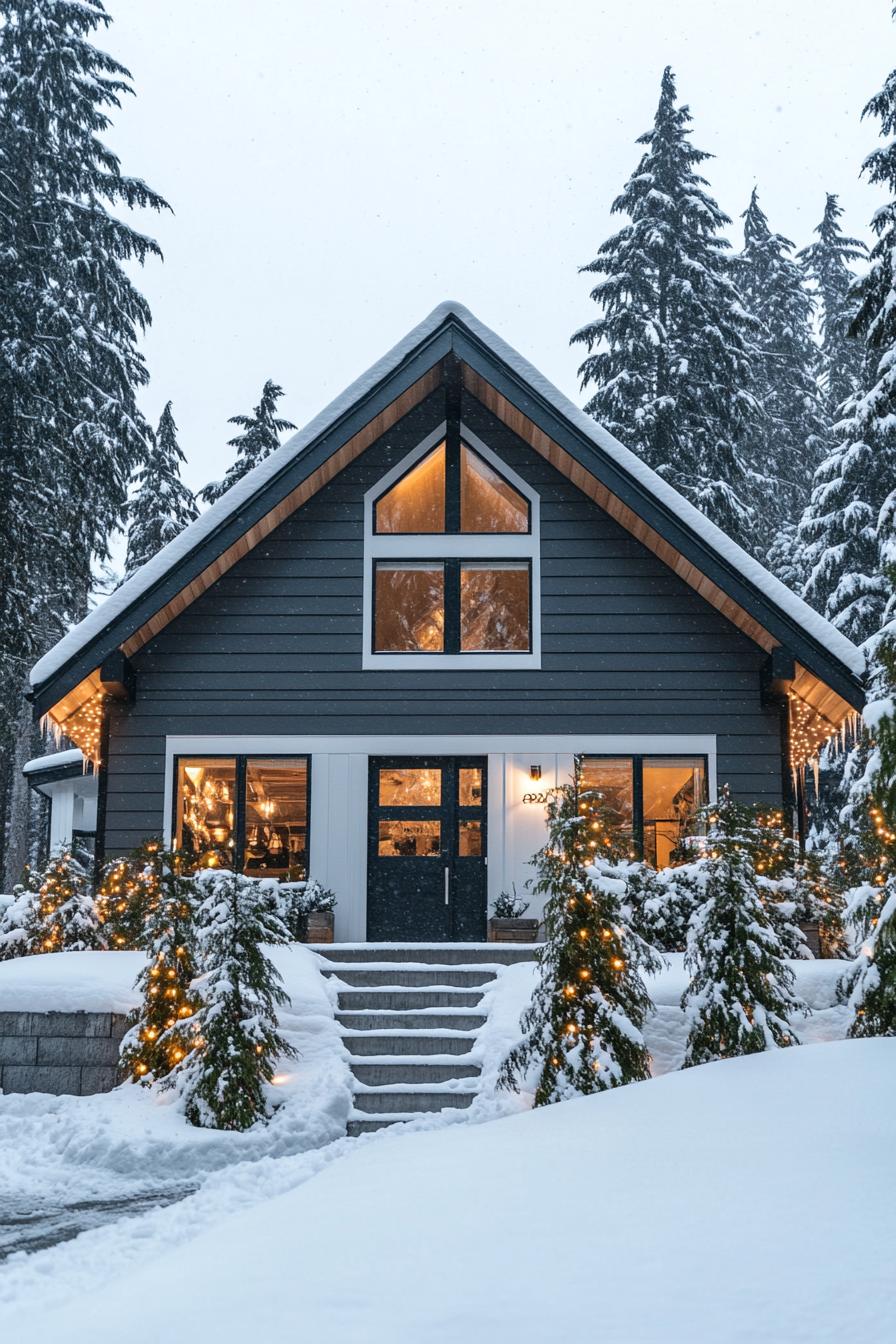 front view of a modern cottage house with grey horizontal slatted siding large white windows multi pitched roof with snow porch with white columns 2