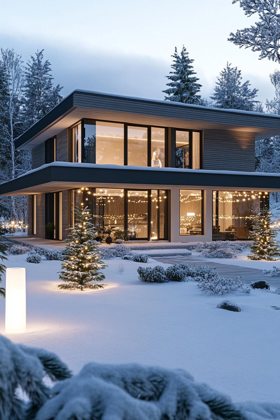 front view of a modern cottage house with grey horizontal slatted siding large white windows multi pitched roof with snow porch with white columns 3