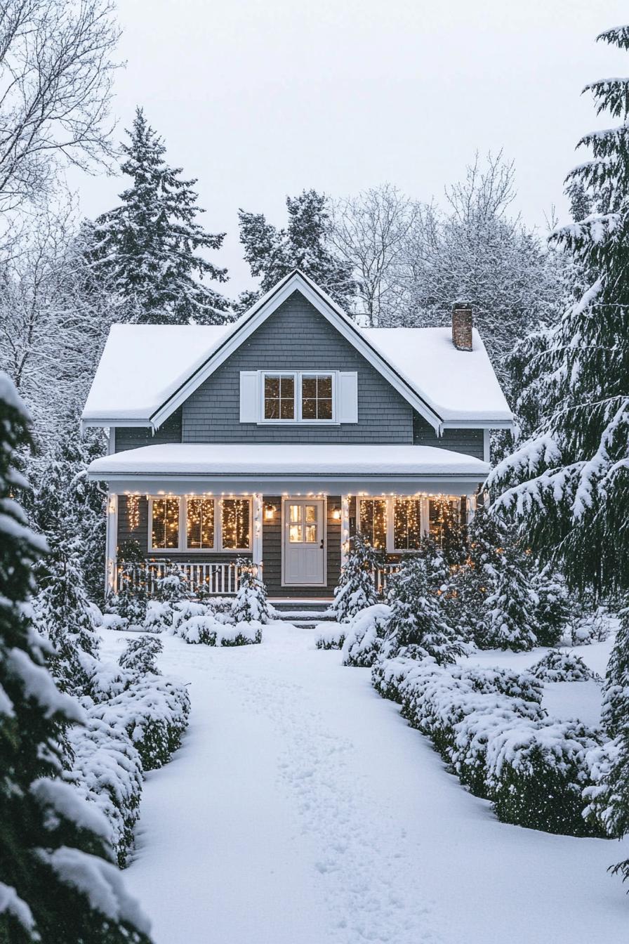 front view of a modern cottage house with grey horizontal slatted siding large white windows multi pitched roof with snow porch with white columns