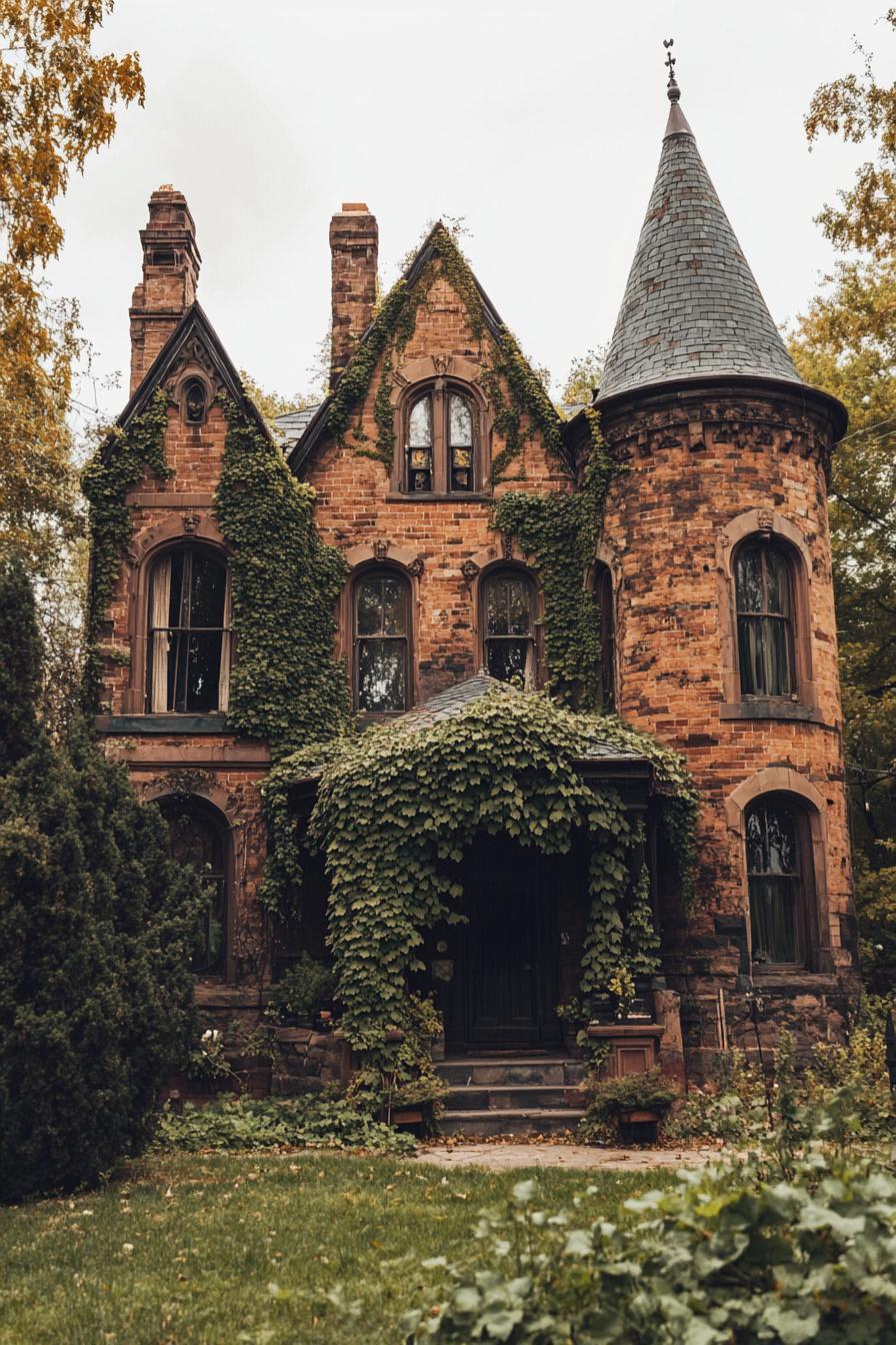 gothic vampire brick house with turrets overgrown with vines