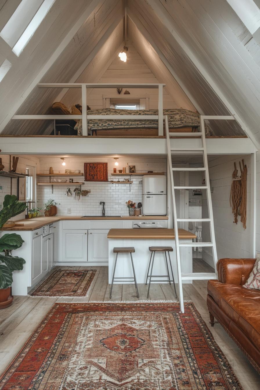 interior of a frame cabin windowless side lofted bedroom above a kitchen ladder stairs lead upstairs