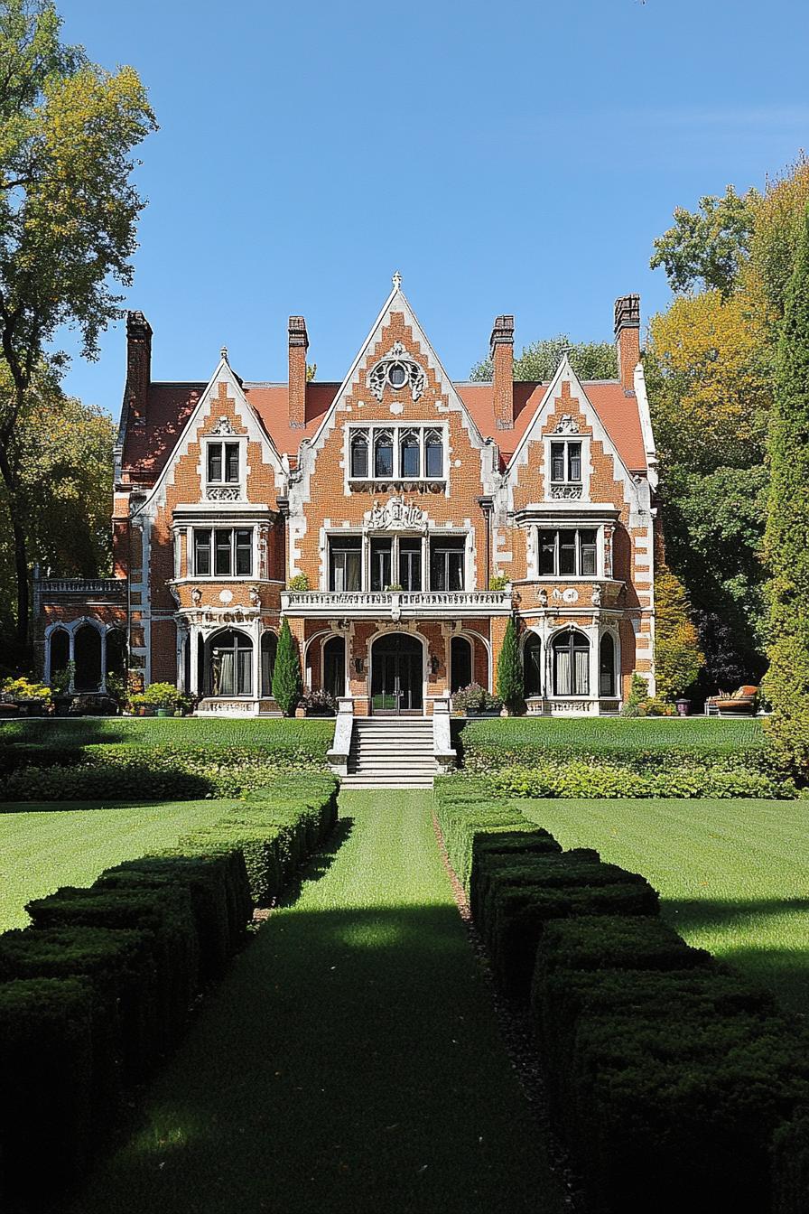 large brick manor with ornate gables view from afar large garden with shrubs and trees lead to the manor