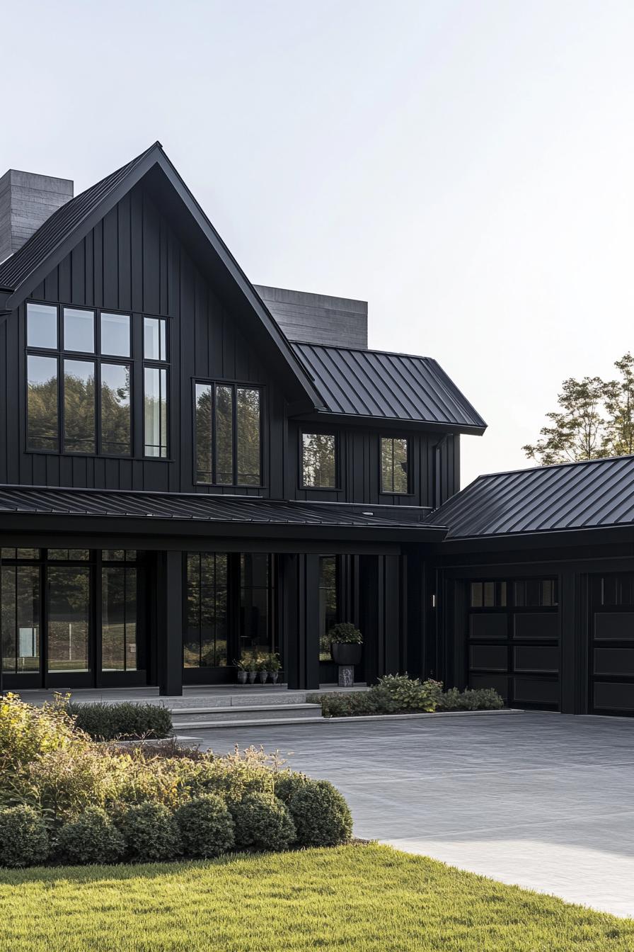 large modern farmhouse with black siding multi pitched black roof modern windows with black trim garage doors front porch with black beam posts 1