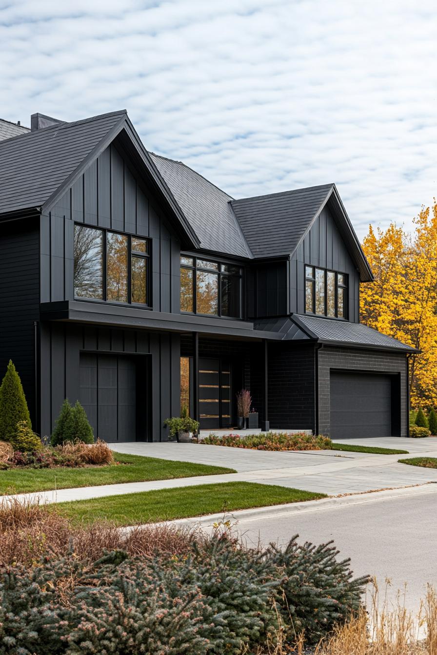 large modern farmhouse with black siding multi pitched black roof modern windows with black trim garage doors front porch with black beam posts 2