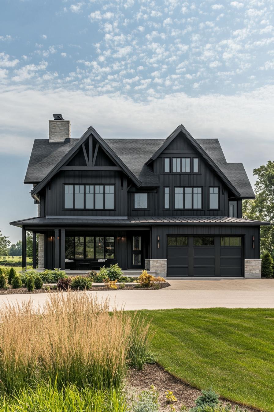 large modern farmhouse with black siding multi pitched black roof modern windows with black trim garage doors front porch with black beam posts 3