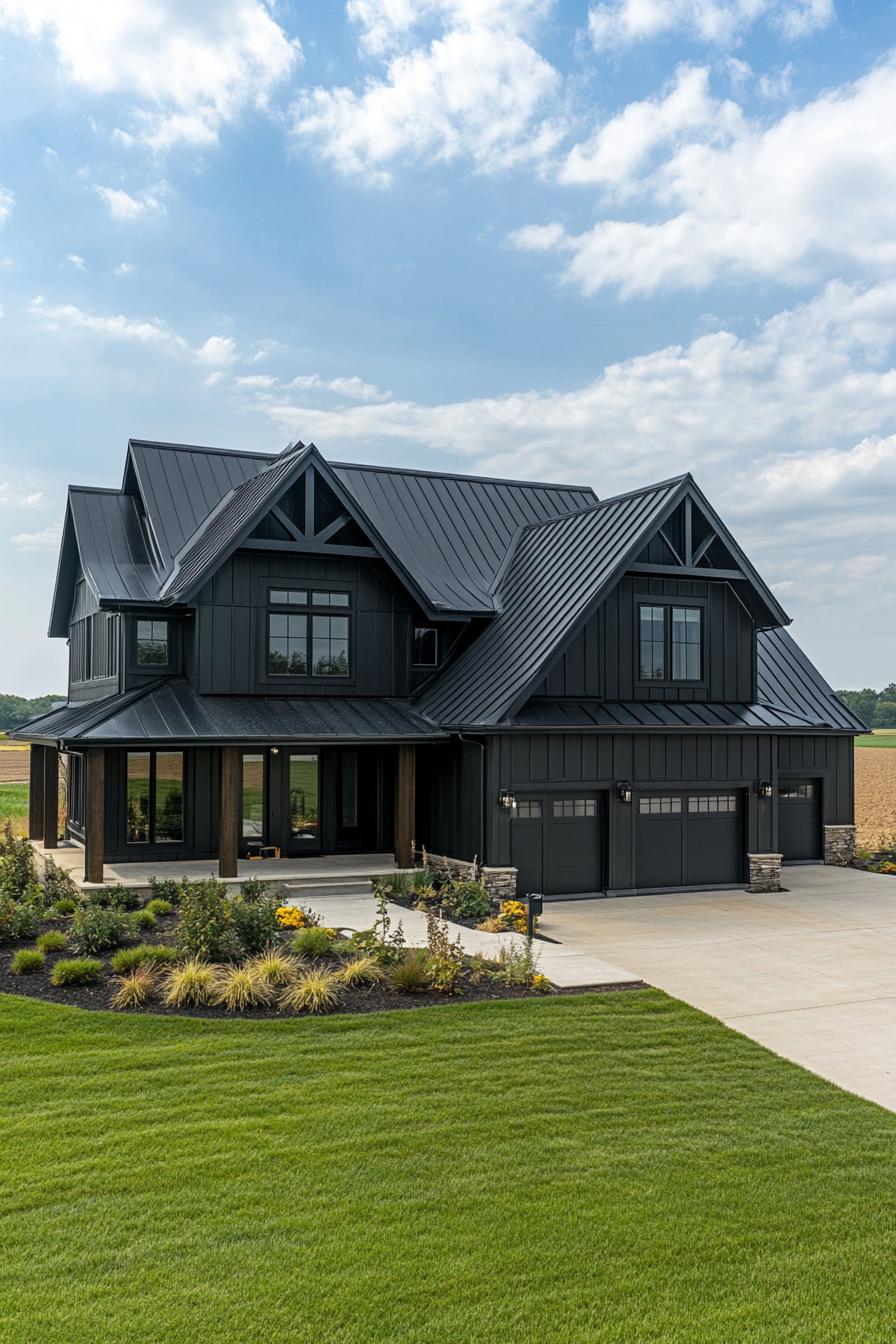 large modern farmhouse with black siding multi pitched black roof modern windows with black trim garage doors front porch with black beam posts