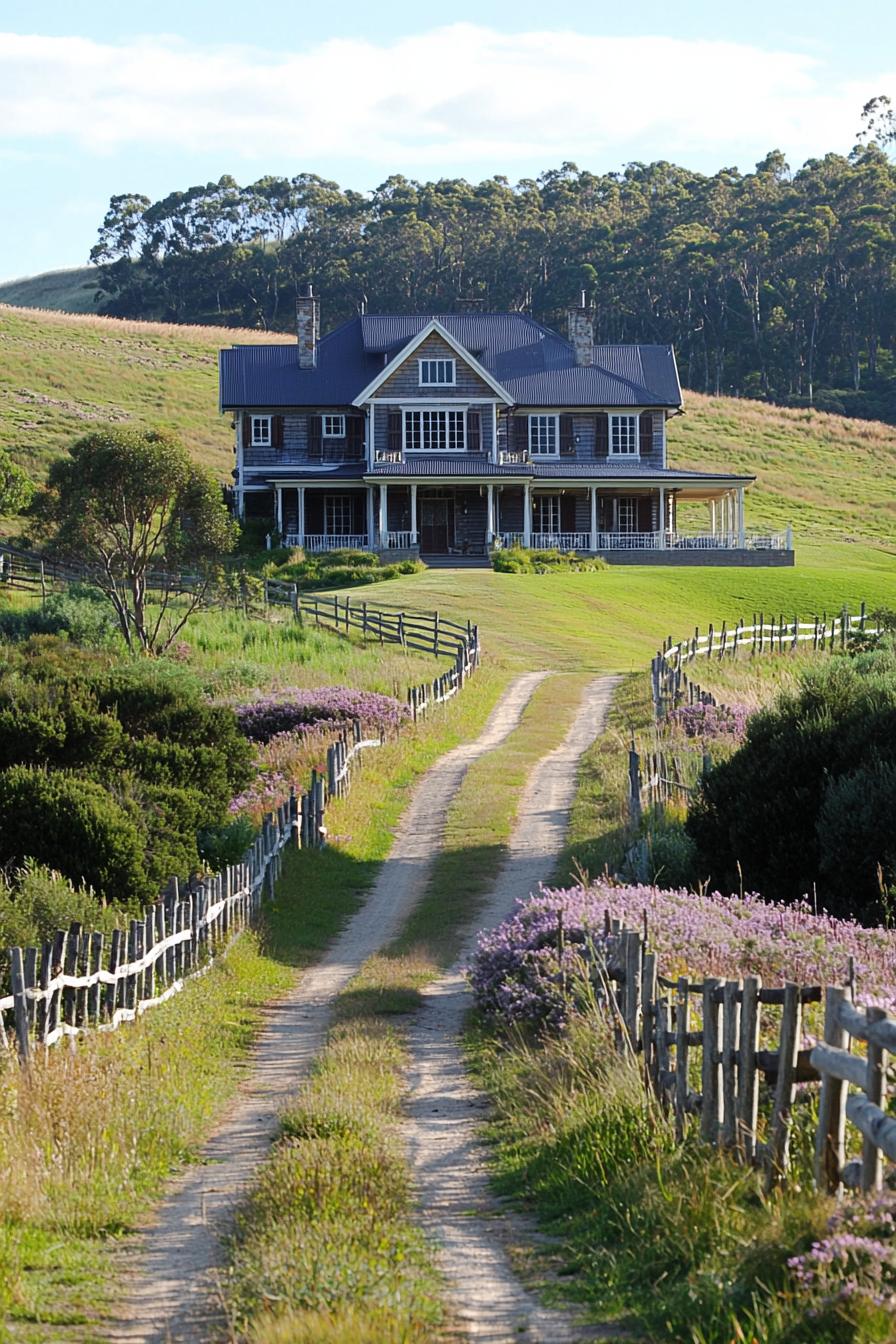 Farmhouse with wraparound porch on a hill