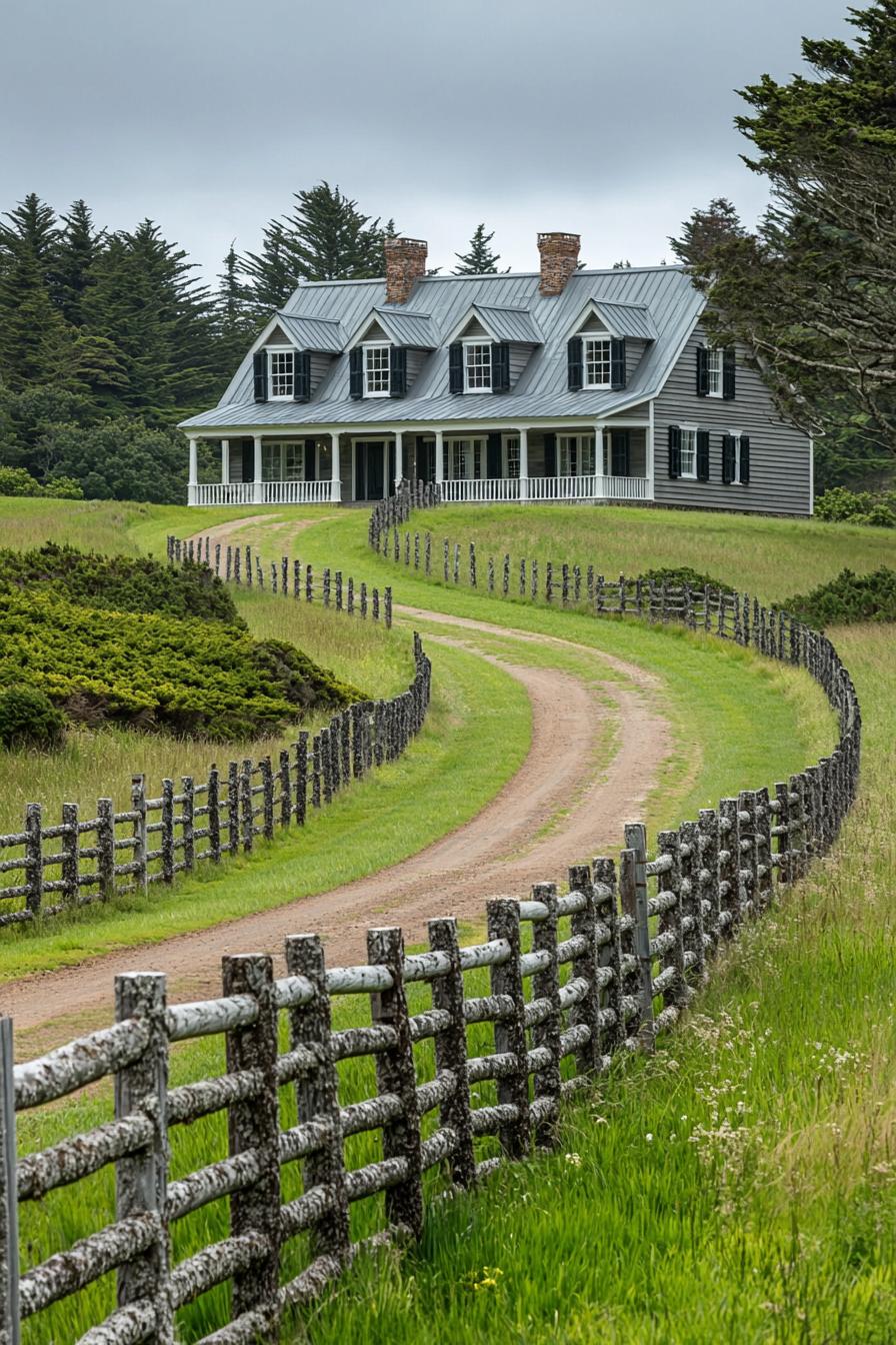 Large farmhouse with a winding path and rustic fence