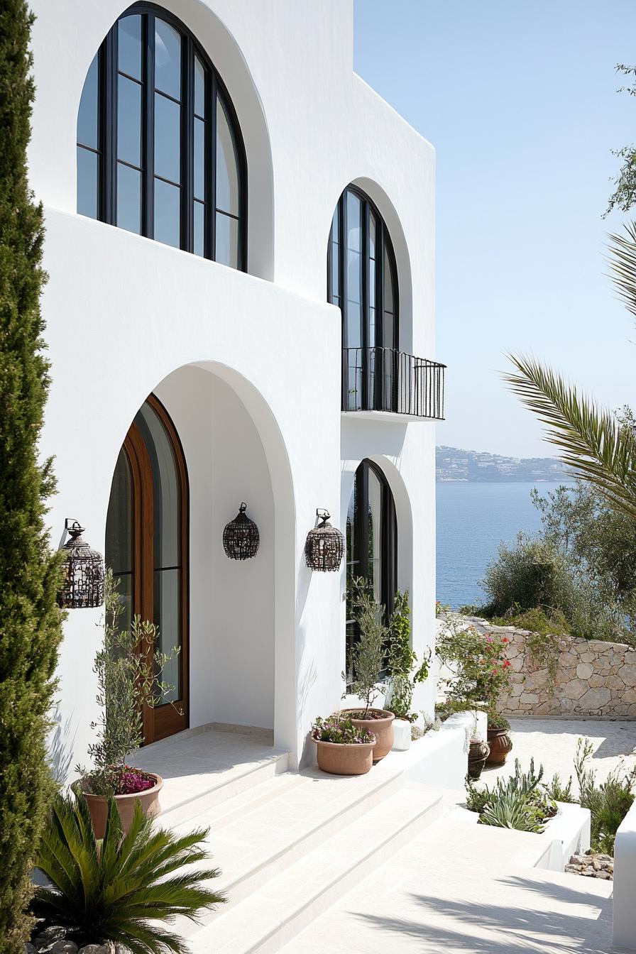 mediterranean modern white willa with arched windows and doorways seaside landscape