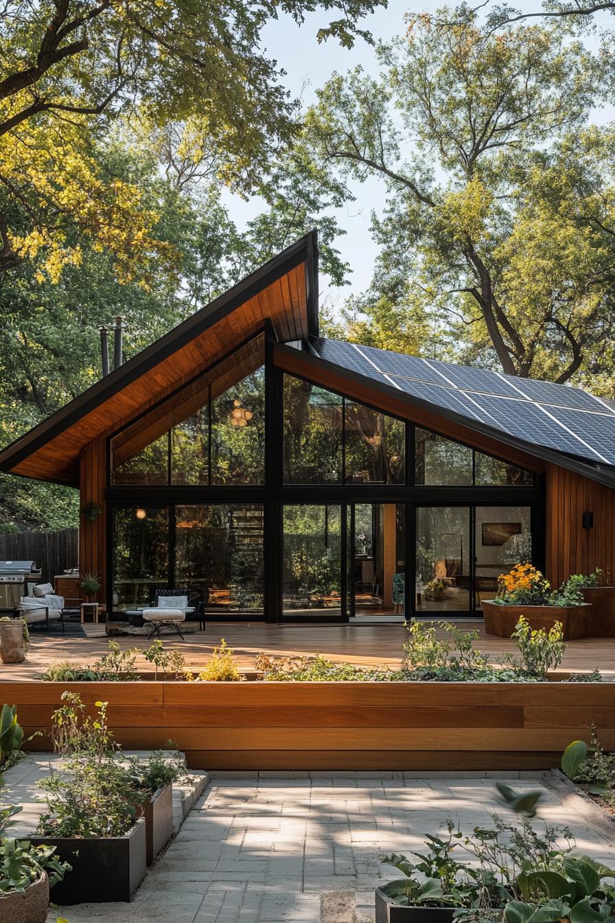 mid century modern cabin with large windows sloped roof with solar panels deck with planters 1