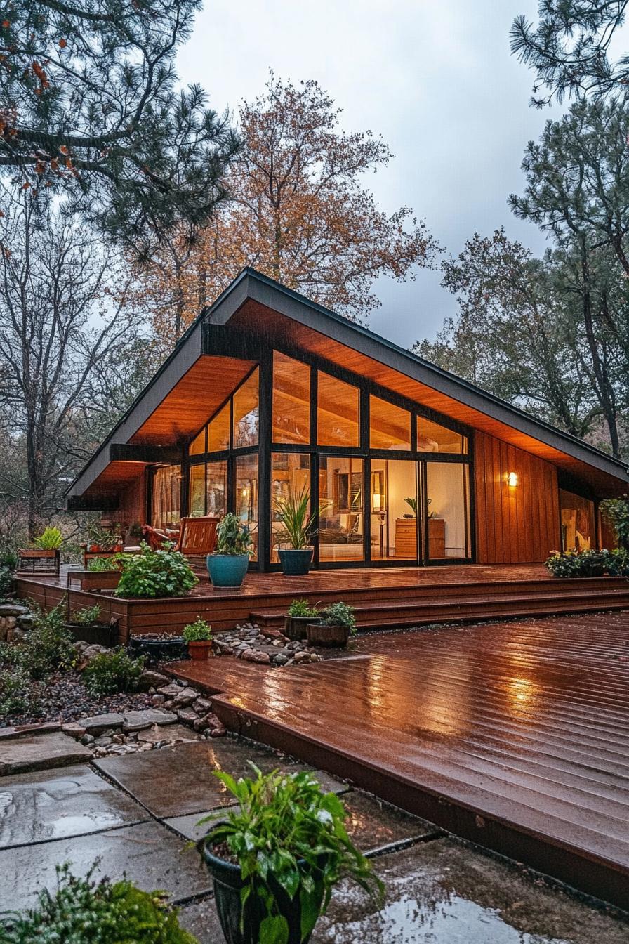 mid century modern cabin with large windows sloped roof with solar panels deck with planters 2