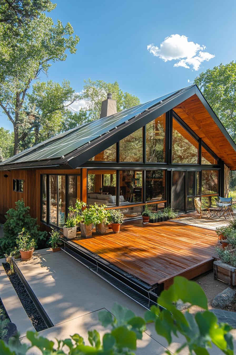 mid century modern cabin with large windows sloped roof with solar panels deck with planters