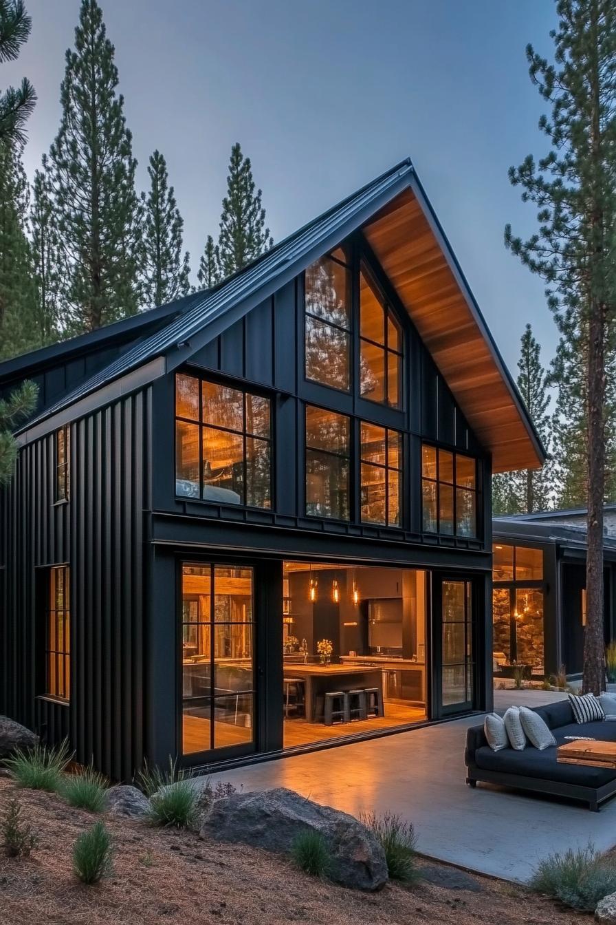 Modern black house with large windows in a forest setting