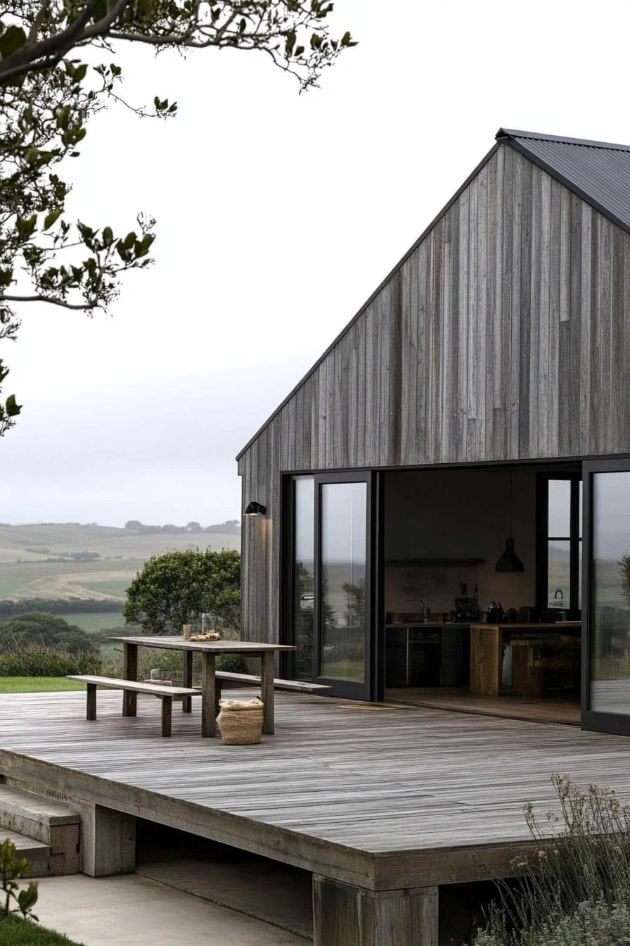 modern barn house with gray timber cladding wooden deck beautiful farmland landscape 1