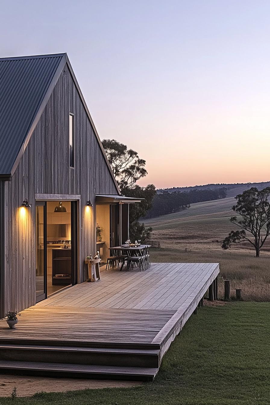 modern barn house with gray timber cladding wooden deck beautiful farmland landscape