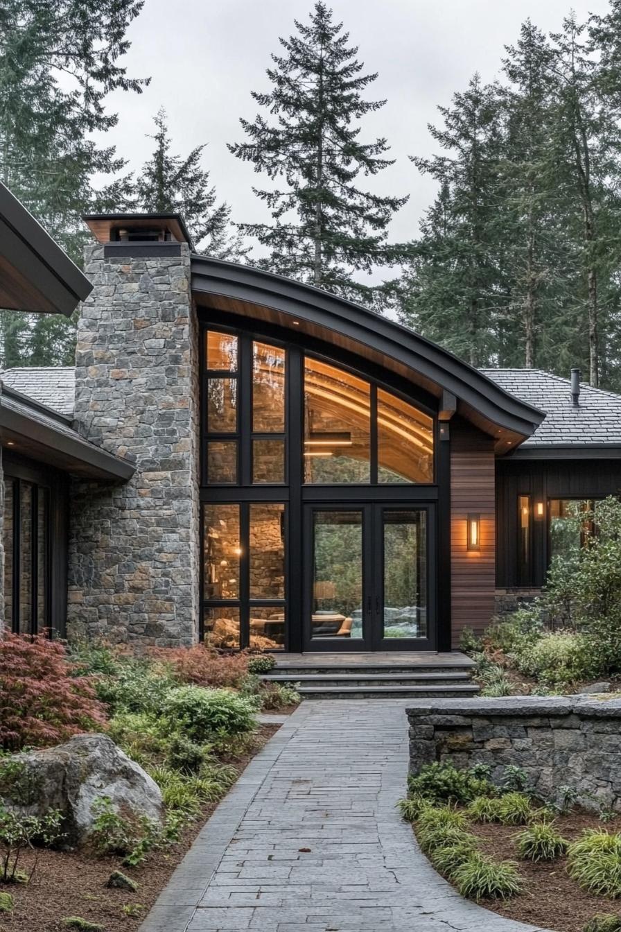 modern cottage with stone facade natural dark wood accents multi pitch grey tile roof large windows with dark wood trim LED lamps arched entry 1