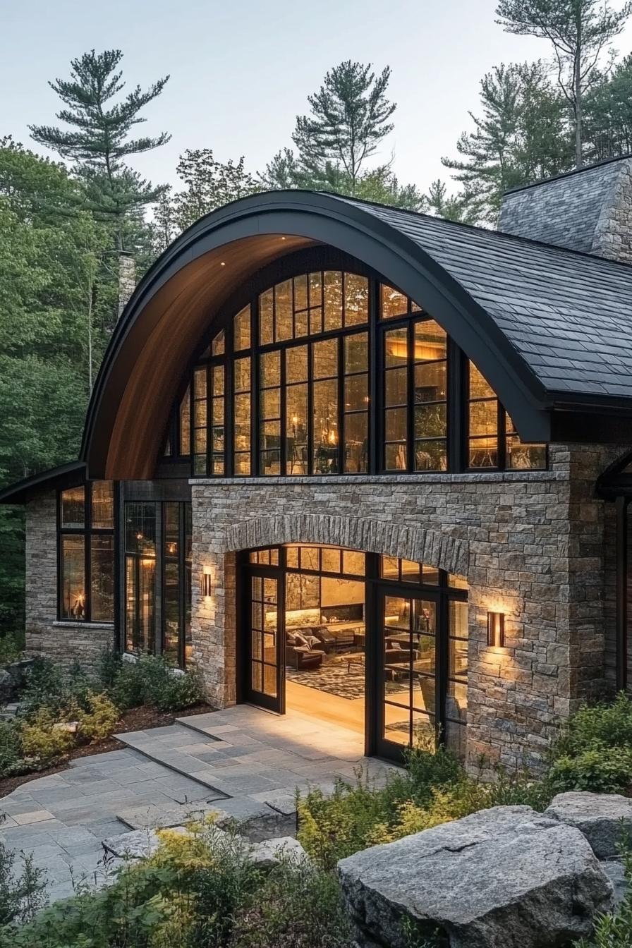 modern cottage with stone facade natural dark wood accents multi pitch grey tile roof large windows with dark wood trim LED lamps arched entry 2