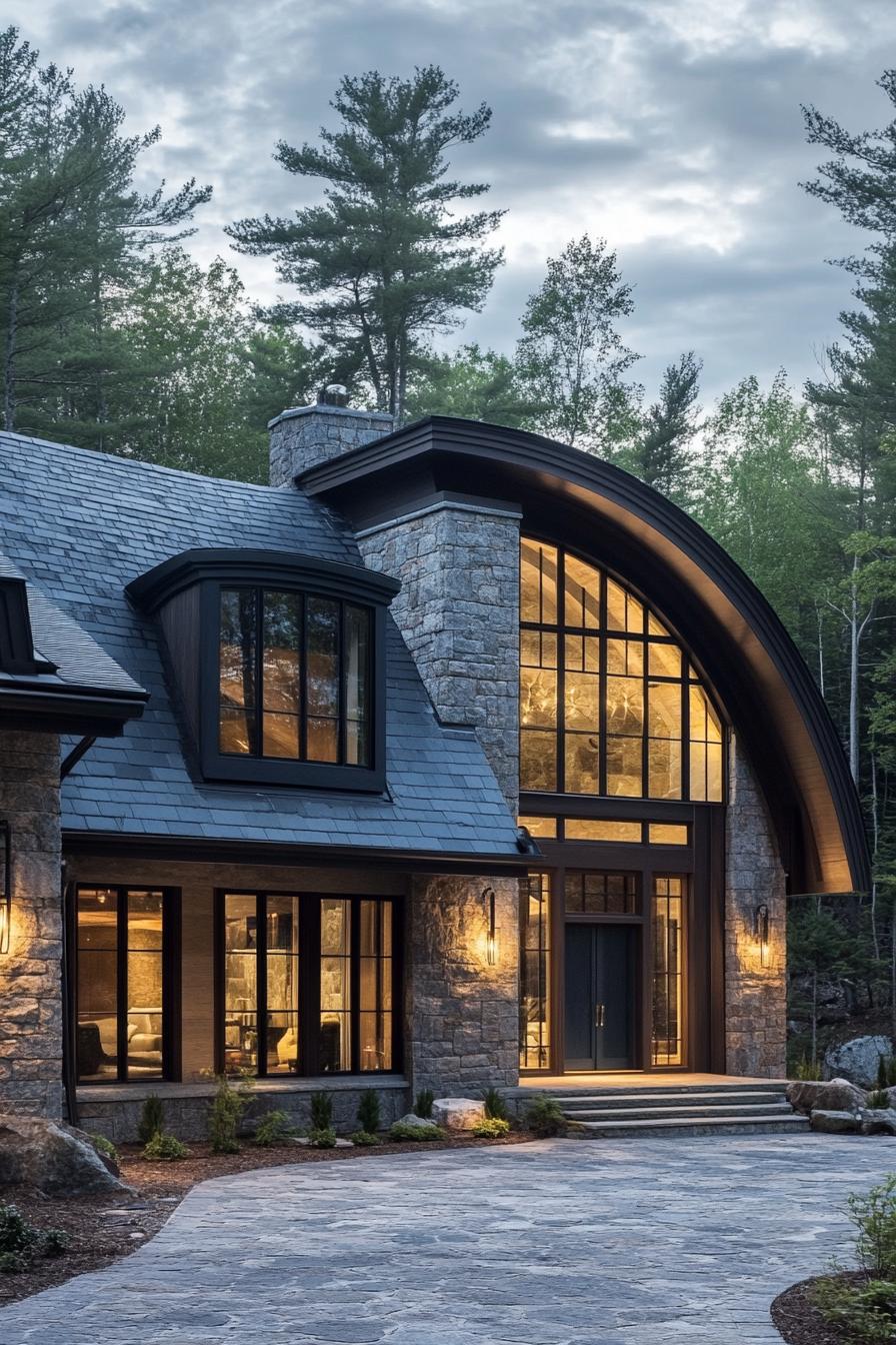 modern cottage with stone facade natural dark wood accents multi pitch grey tile roof large windows with dark wood trim LED lamps arched entry 3