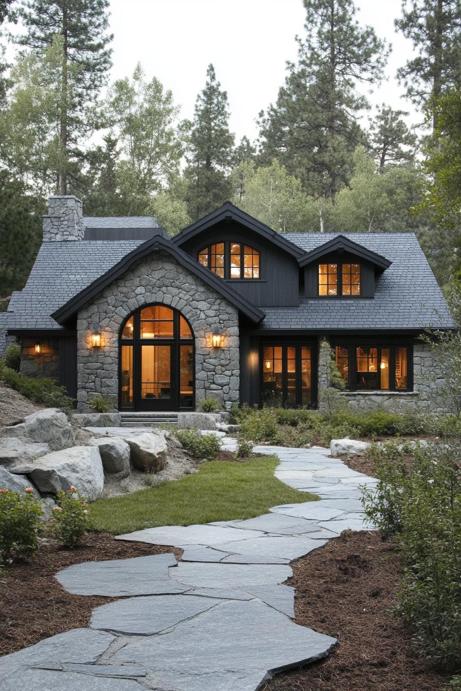 modern cottage with stone facade natural dark wood accents multi pitch grey tile roof large windows with dark wood trim LED lamps arched entry