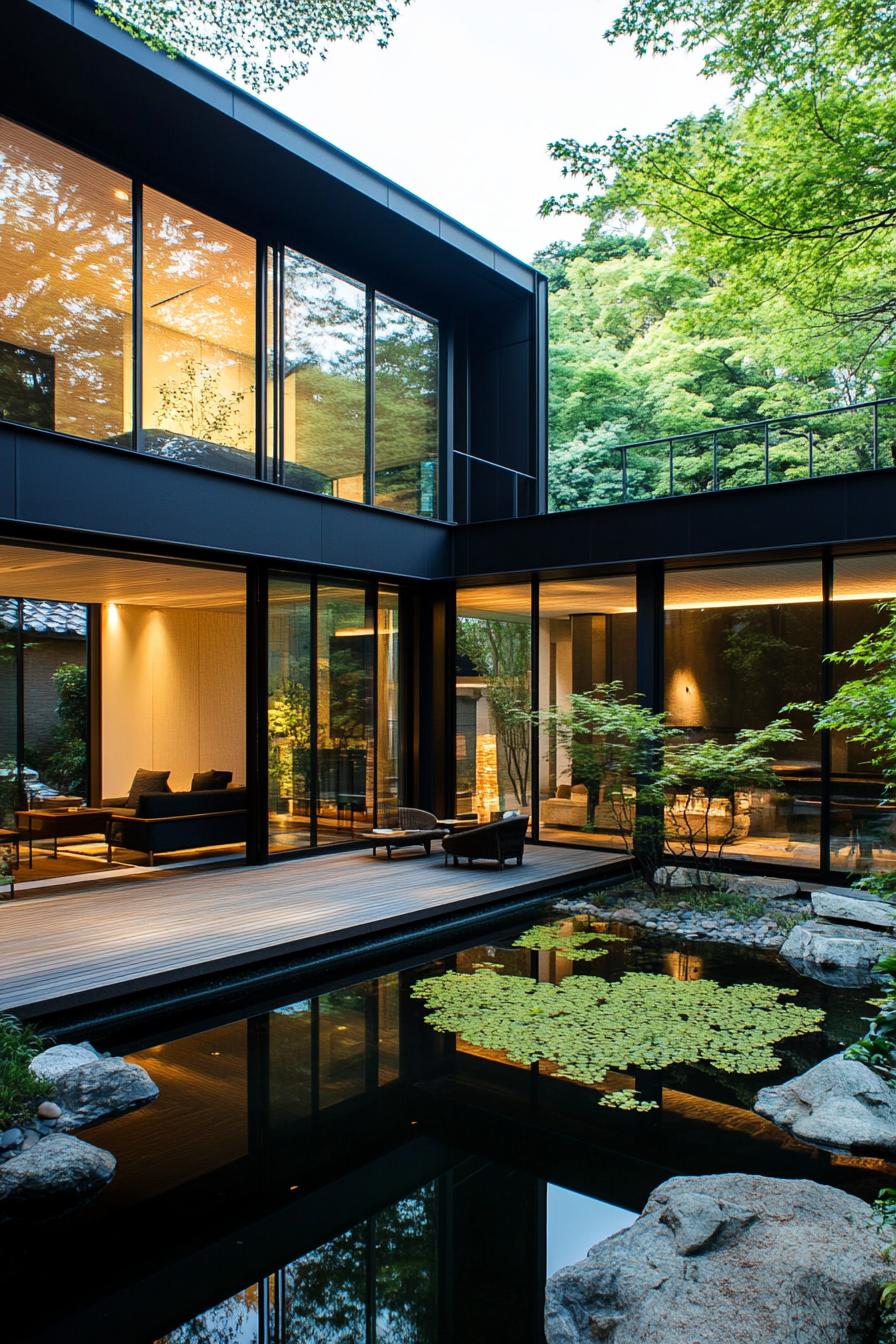 modern dark house courtyard with zen garden large glass windows wooden decks plush furniture pond with rocks and greenery tall lush trees in the 1