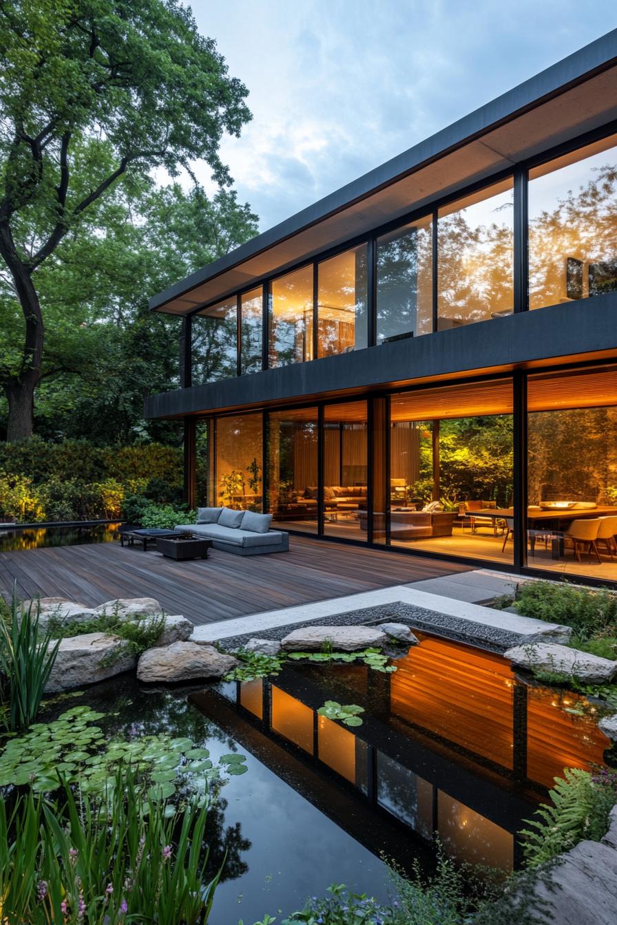 modern dark house courtyard with zen garden large glass windows wooden decks plush furniture pond with rocks and greenery tall lush trees in the 2