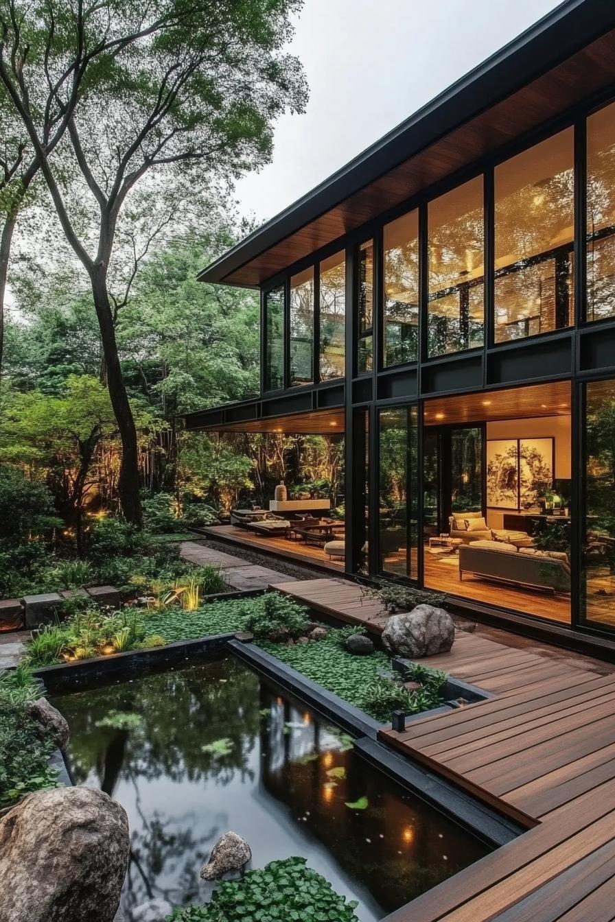 modern dark house courtyard with zen garden large glass windows wooden decks plush furniture pond with rocks and greenery tall lush trees in the 3