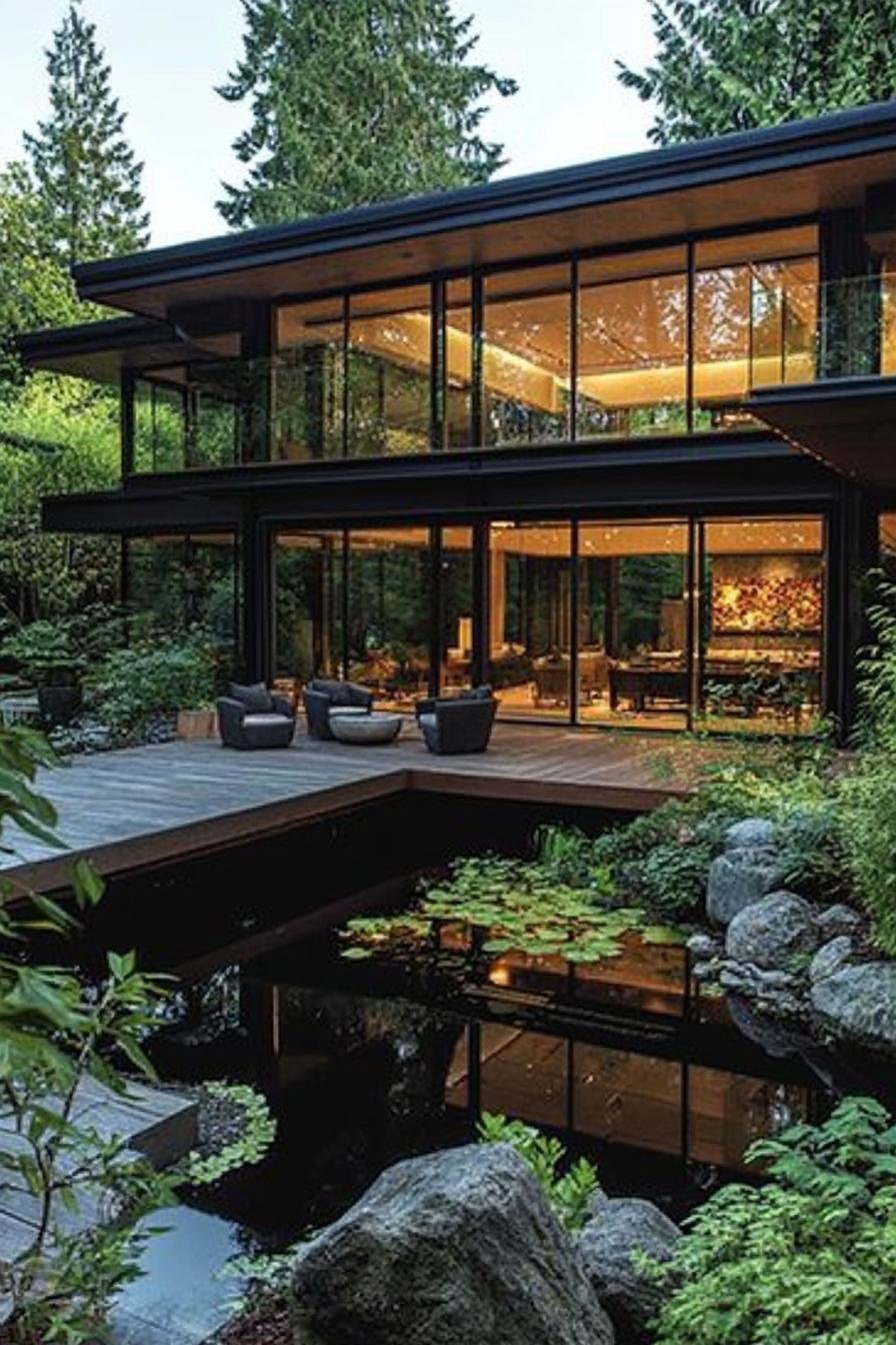 modern dark house courtyard with zen garden large glass windows wooden decks plush furniture pond with rocks and greenery tall lush trees in the