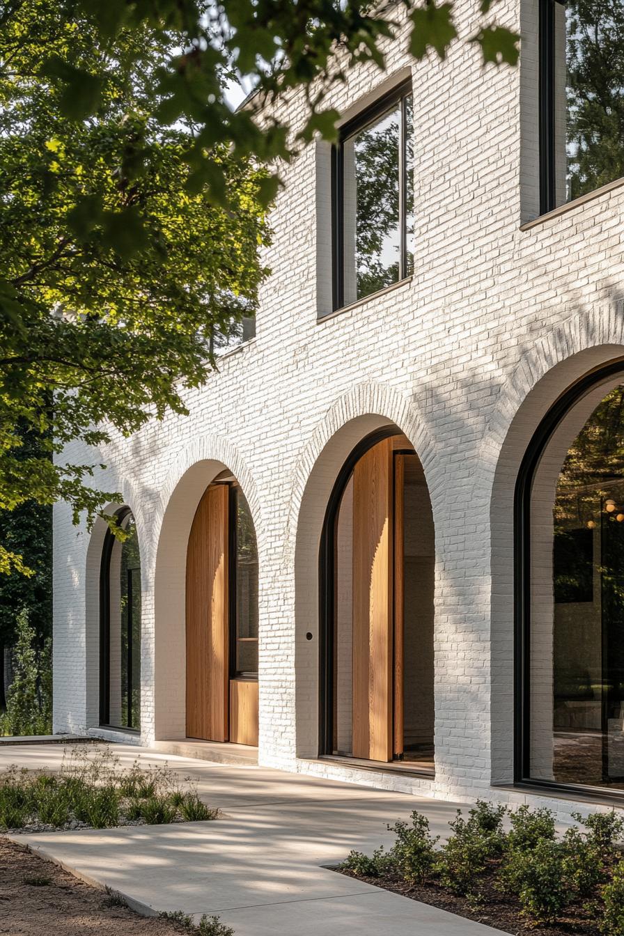 modern european farmhouse facade with white painted brick facade natural wood arched doors small and large modern windows front yard with trees and 1