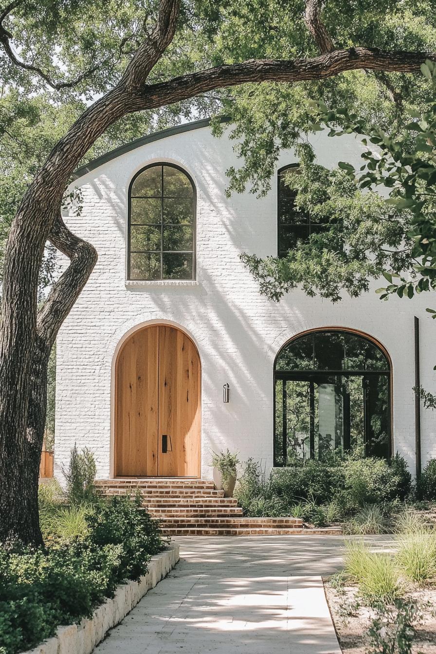 modern european farmhouse facade with white painted brick facade natural wood arched doors small and large modern windows front yard with trees and 2