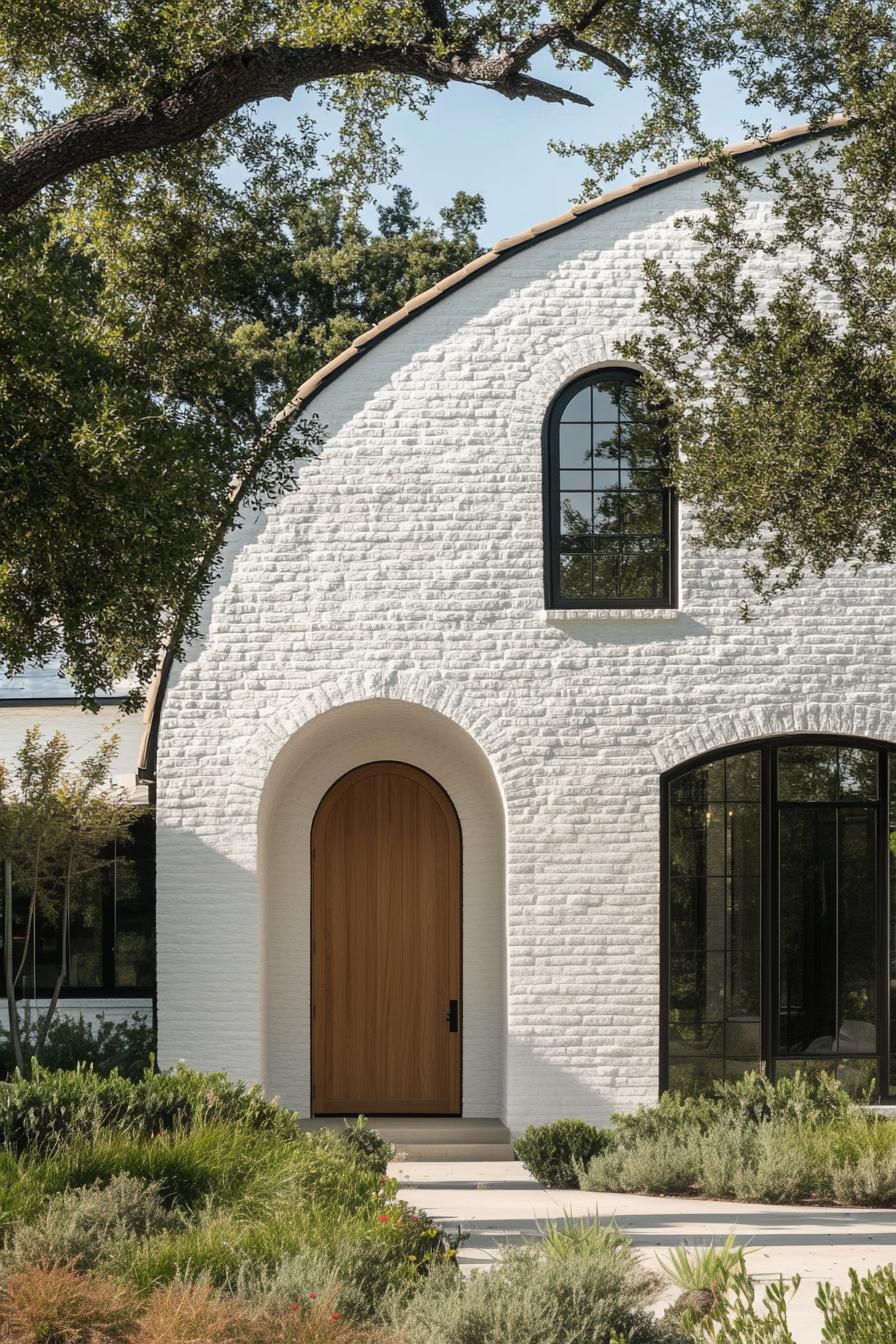 modern european farmhouse facade with white painted brick facade natural wood arched doors small and large modern windows front yard with trees and 3