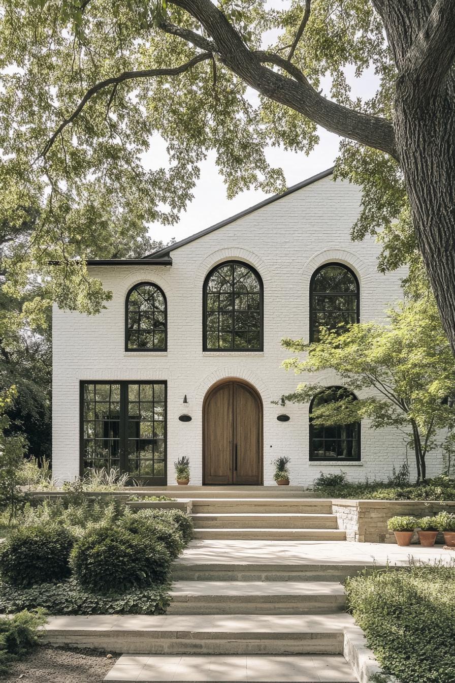 modern european farmhouse facade with white painted brick facade natural wood arched doors small and large modern windows front yard with trees and