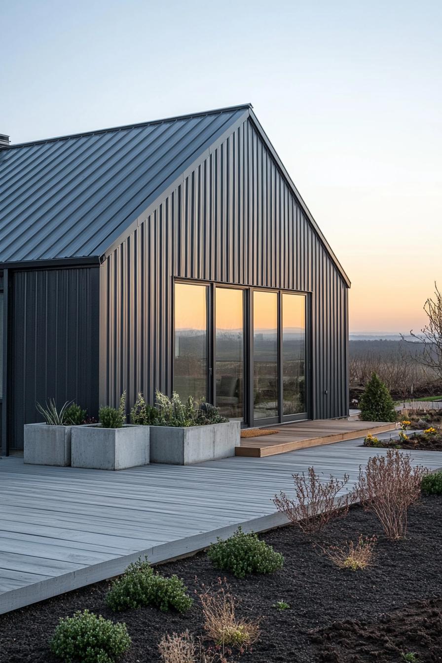 Modern barn house with large windows and metal siding