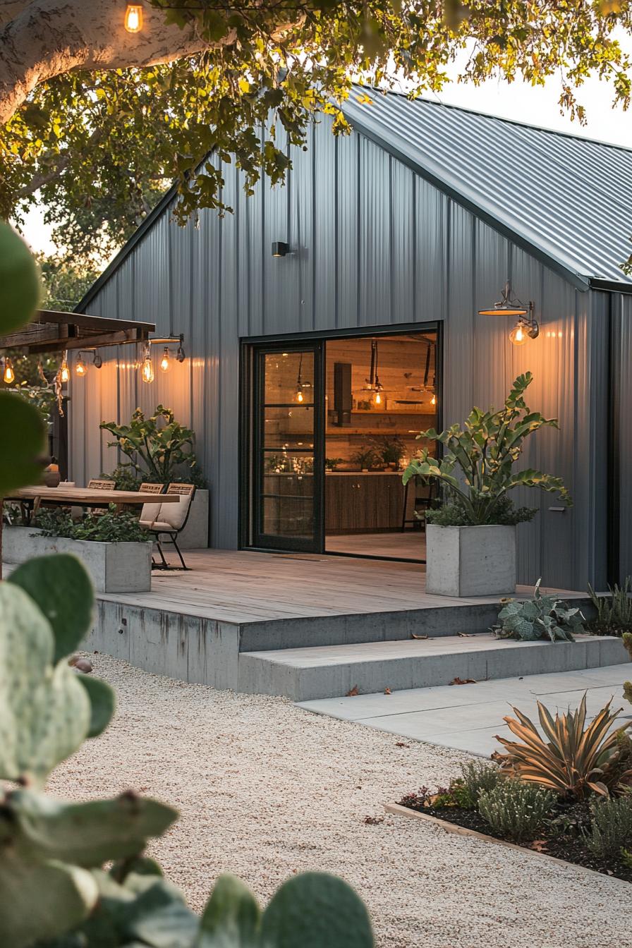 Modern barn house with warm lighting and patio