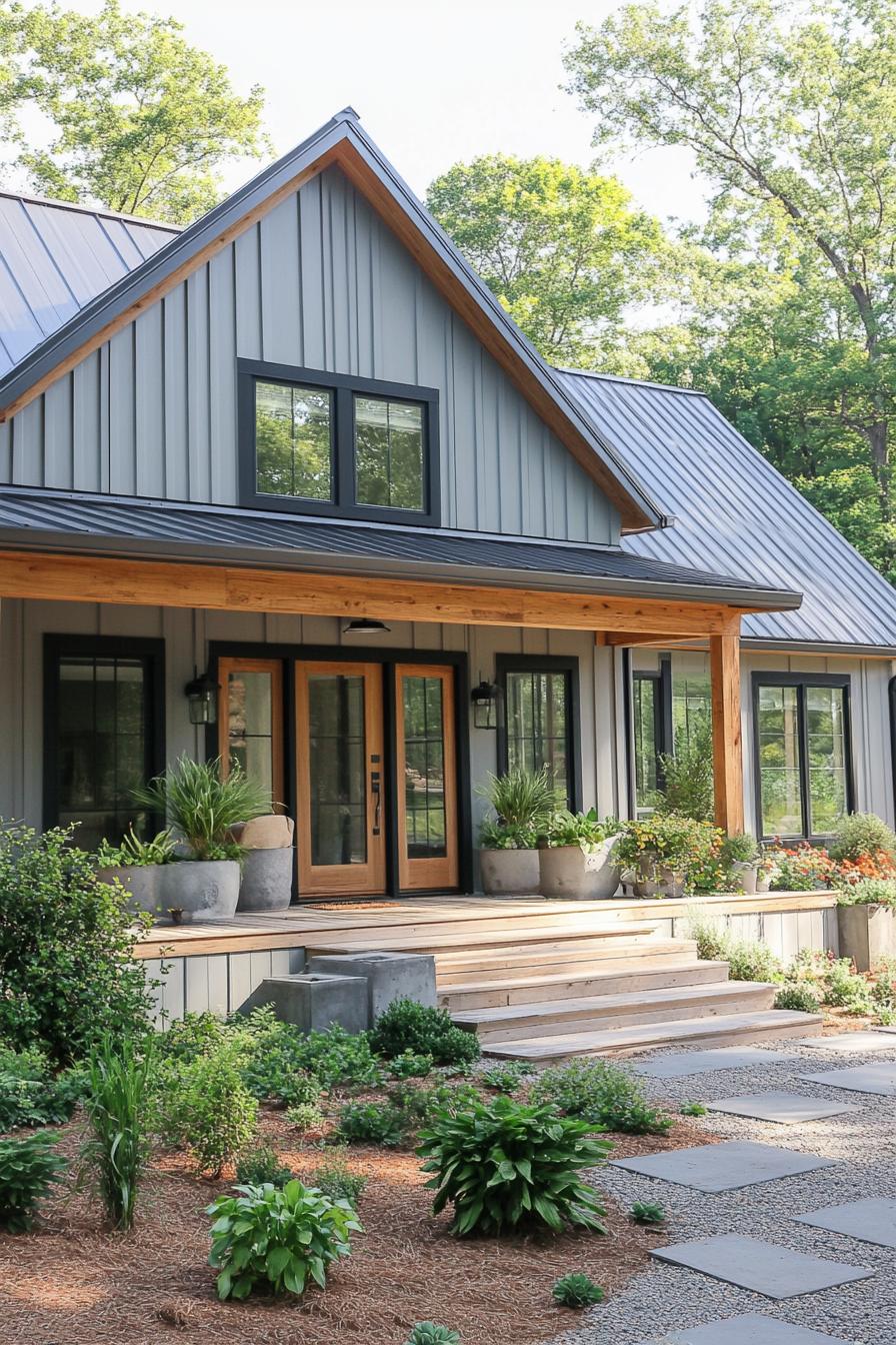 Modern barn house with a welcoming porch and lush greenery