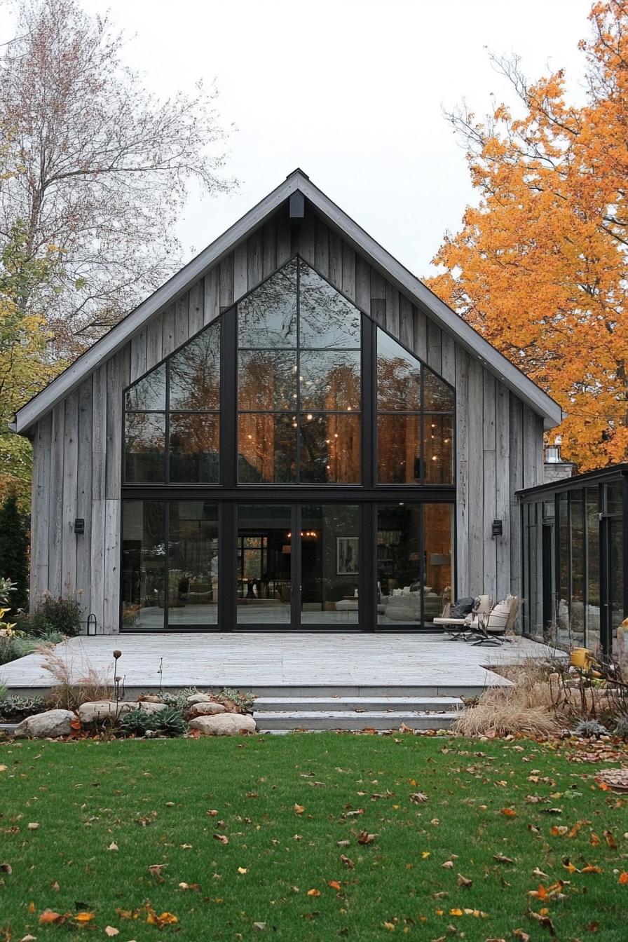 Contemporary barn house with large windows in fall scenery