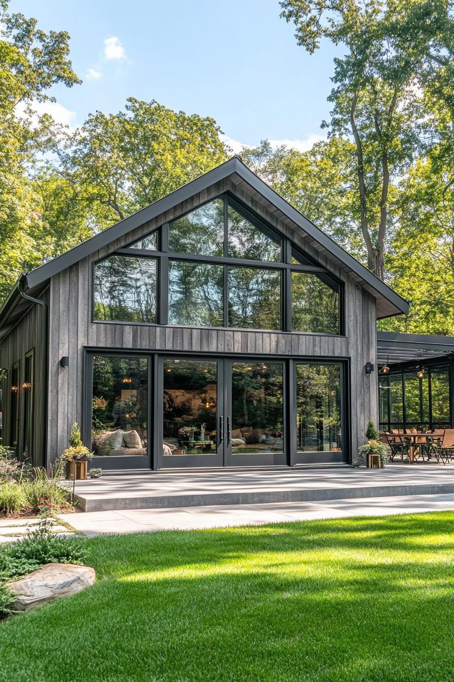 Modern barn house with deck and large windows