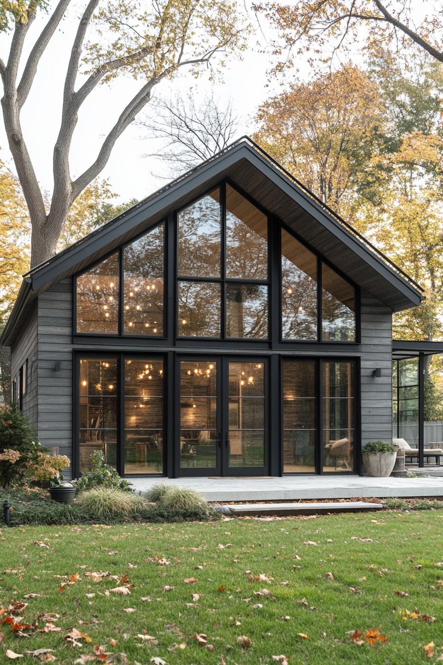 Barn house with glass front framed by autumn leaves